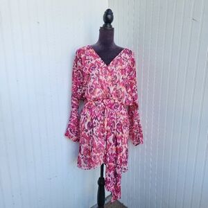 NWT $90 BTFL-Life Long Sleeve Hem Boho Dress Fuschia Pink Party Fun Ruched Sz L